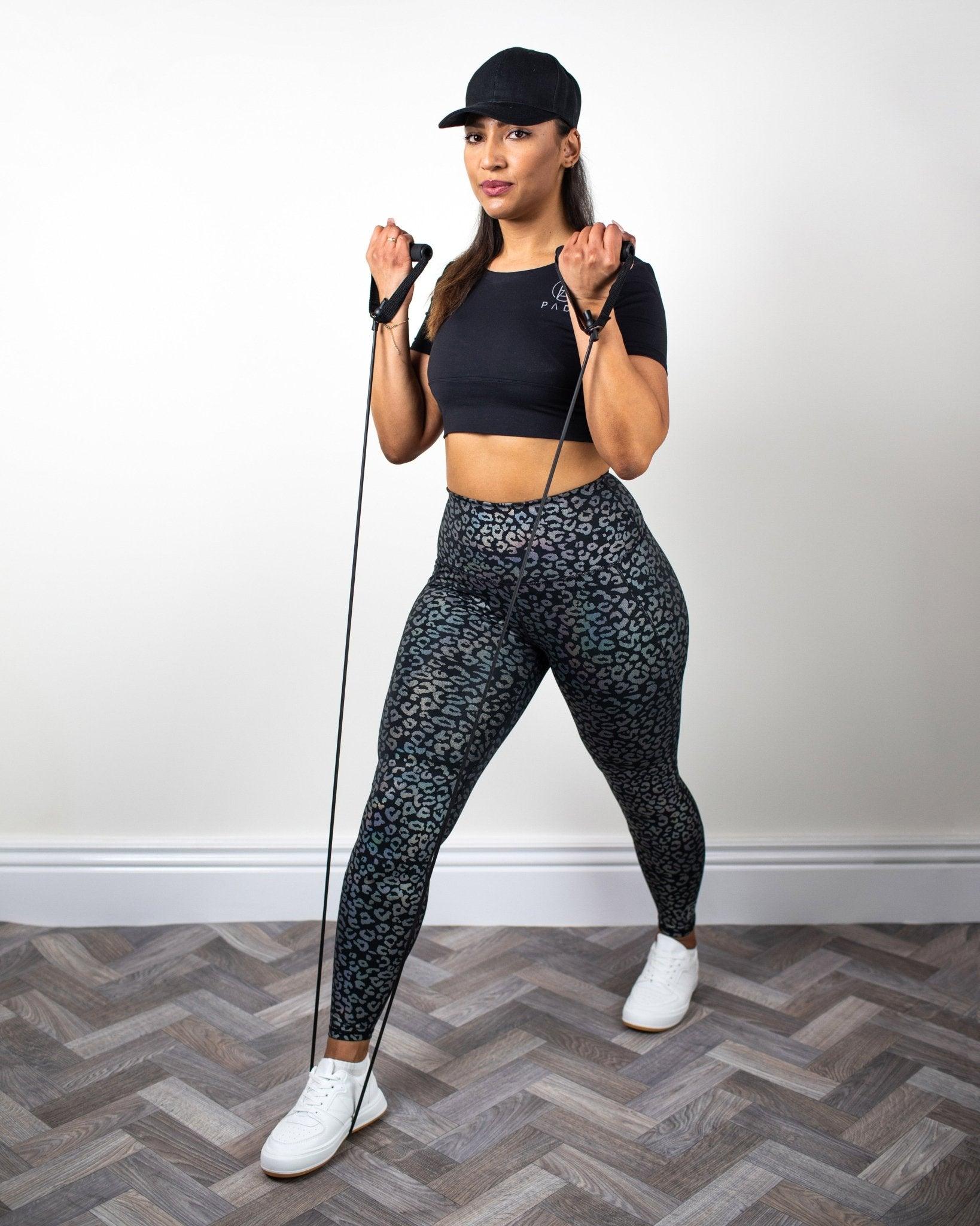 The Charlotte, Black Kneepadded Leggings Iridescent Leopard Print Pada